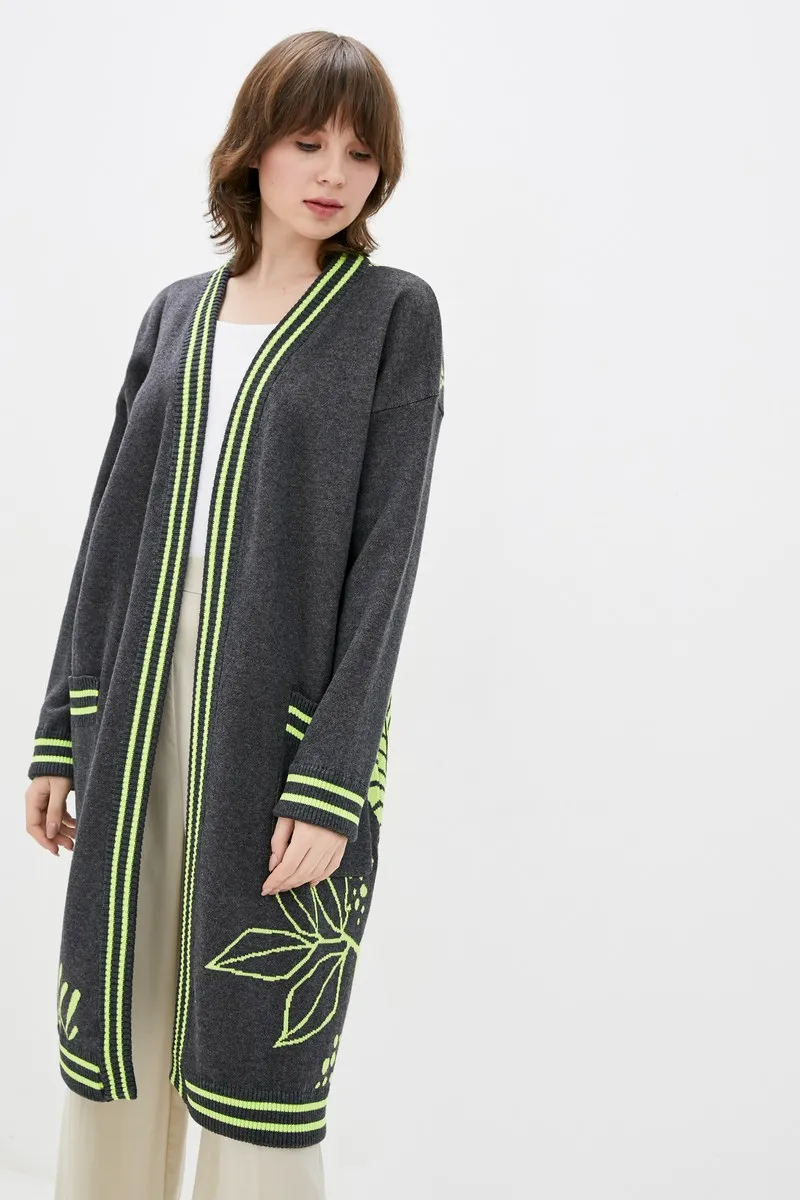 Кардиган SEWEL XW830 42-44 Темно-сірий з салатовим